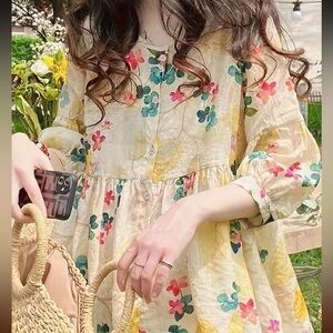 🆕 💐 FLORAL PRINT BUTTON FRONT BLOUSE SHORT SLEEVE RUFFLE HEM BLOUSE